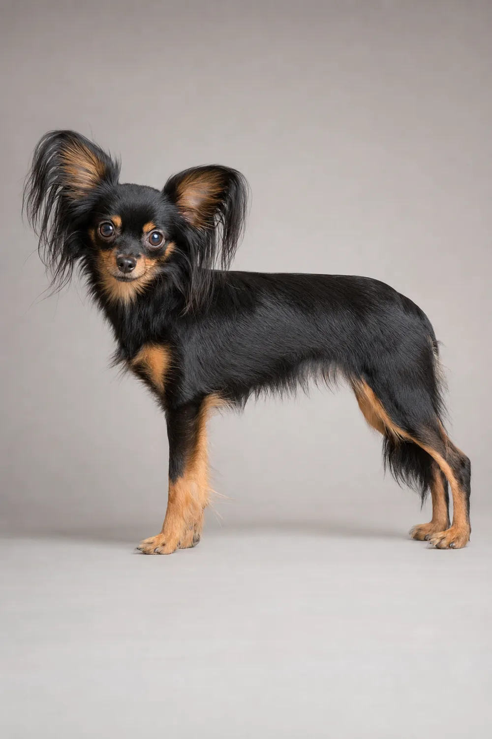 Petit chien russe à poil long, franges aux oreilles et aux membres, robe noir et feu, de profil.