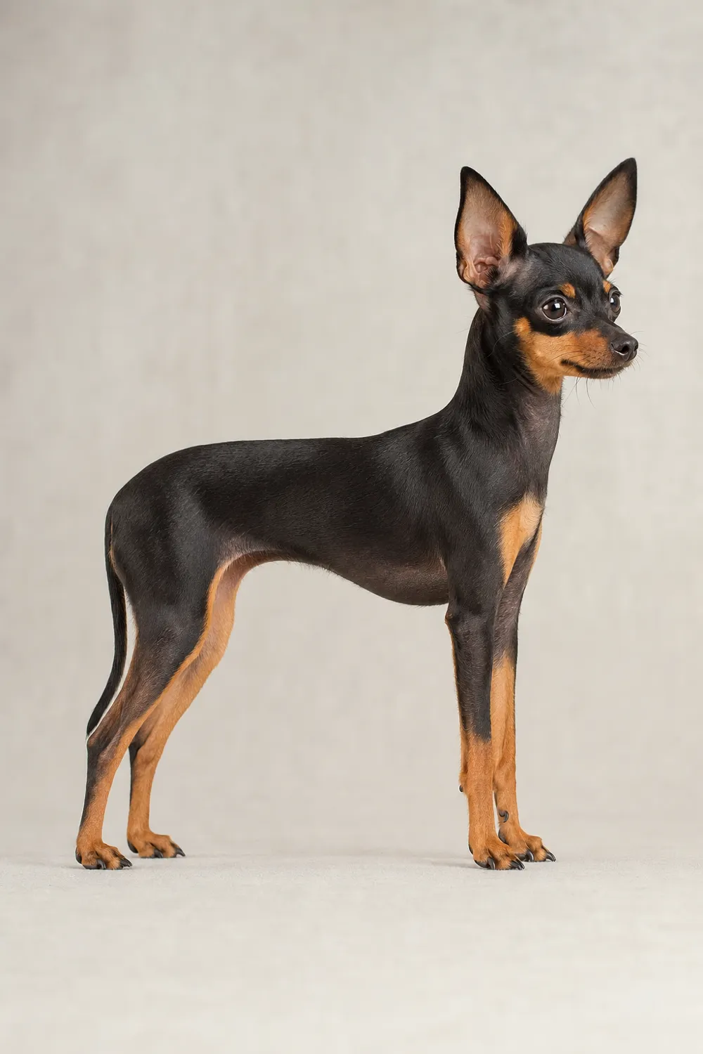 Petit chien russe à poil ras, robe noir et feu, vu de profil sur fond neutre de catalogue.